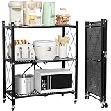 VELPAX Klappbares Regal mit Rollen,3 Etagen Faltbare Aufbewahrungswagen Einheit,Metallregal Schwarz,Eignung Lagerregal,Klappregal für die Küche,Büro,Repository