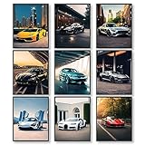 97 DECOR Super Auto-Poster für Jungenzimmer – moderne Auto-Wandkunstdrucke, Sportwagen-Poster für Männer, Rennwagen-Raumdekoration für Teenager, Jungen, Schlafzimmer, coole Supercar-Kunstwerk-Bilder,