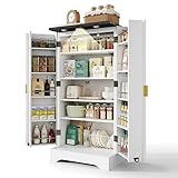 ZODICK Küchenschrank mit LED-Sensor und Gewürzregal, Geräumiger Doppeltürschrank mit Verstellbaren Regalen und Modernem Türdesign, hohes Küchen-Sideboard, 120 * 60,5 * 40 cm, Weiß