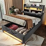 Kelodan Polsterbett 90x200 Einzelbett, Stauraum Kopfteil mit USB und Typ C-Port, 360-Surround-LED-Funktion rund um Kopf- und Fußende, Betten mit Hydraulisch Stauraum, Grau, Leinen (Ohne Matratze)