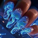 French Künstliche Nägel zum Aufdrücken, mittellang, Mandelform, glänzend, Glitzer, für Damen und Mädchen, Nagelkunst, 24 Stück