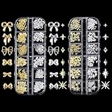 cobee 2 Boxen Mischen Nail Charms, Metall Gold Silber Nagel Edelsteine Deko Stern Schleifen 3D Nail Dekorationen für Nageldesign Zubehör