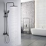 Auralum Regendusche Duschsystem Schwarz Duscharmatur Duschset mit Armatur, 2 Funktion Duschsäule Regenduschset mit Verstellbare Duschstange, 10 Zoll Große Kopfbrause