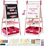 FUNLIO Staffelei Kinder von 3–8 Jahren, Anti-Warp-Board und Löschbarer Rahmen, Kindertafel mit Kreide und Magnet/Whiteboard, 3-fach höhenverstellbar, All-in-One staffeleien mit Papierrolle, Rosa