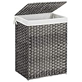 SONGMICS 90L Wäschekorb handgeflochten, mit Deckel und Griffen, Wäschesammler aus synthetischem Rattan, faltbar, Baumwolle Wäschesack in der Maschine waschbar，Waschküche，grau LCB51WG