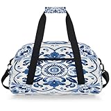 Entemne Kinder-Reisetasche, blau, ethnisches Ornament, Blumenmuster, wasserabweisend, für Fitnessstudio, Sporttasche, leichte Reisetasche für Jungen und Mädchen, Handgepäck, Wochenendtasche