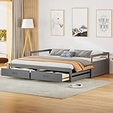 Ausziehbares Schlafsofa 90/180x200 cm Mit Schubladen Und Lattenrosten Jugendbett Kiefernbett Mit Stauraum Gästebett Für Schlafzimmer Und Gästezimmer Ohne Matratze Grau