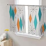 2 Vorhänge, halbtransparent, Retro-geometrisch, Mitte des Jahrhunderts, blaugrün, orange, grau, Fensterbehandlung, Schlaufenschal für Wohnzimmer, Schlafzimmer, Hof, Küche, 132 x 114 cm