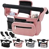 Tyuodna Kinderwagen Organizer Universal,Kinderwagen Tasche mit 2 Isolierten Becherhalter,Buggy Organizer,Kinderwagentaschen mit Schultergurt und Rutschfeste Sichere Haken (Rosa)