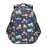 CHIFIGNO Süßer Cartoon-Traktoren, LKW, dunkelblau, Kinder-Rucksack für die Schule mit reflektierenden Streifen, Reise-Büchertasche, für Jungen und Mädchen, lässiger Tagesrucksack, niedliche