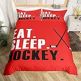 Eishockey-Bettwäsche-Set, Hockey-Sportveranstaltung, Bettwäsche-Set für Jungen, Mädchen, Damen, Herren, Rot, Eat Sleep Hockey-Bettwäsche, Bettbezug-Set, Wintersport, Hobby, Raumdekoration,