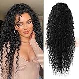 FLUFYMOOZ Ponytail Extension Pferdeschwanz Verlängerung, 66 cm Pferdeschwanz Haarverlängerung im Bohemian-Stil mit Kordelzug für Frauen, langer, lockiger, gewellter Pferdeschwanz(66 cm Naturschwarz)