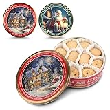 Weihnachtskeksdose mit Butter Keksen 340g – Keksdose für Plätzchen, rot oder grün, Design nach Zufall: Winterhaus oder Weihnachtsmann – Nostalgische Dose für Keks