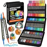 Acrylstifte Set 72 Farben, Dual Tip Acrylic Paint Marker mit Feiner Spitze und Pinsel, Acrylmarker Wasserfest für Steine Holz Ostereier Glas Keramik Leinwand und Papier, Acrylfarben Stifte Kinder