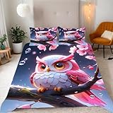 FUHAOLI Bettwäsche 155x220cm，Verträumte kindliche Eule AI 3D Druck Bettbezüge Kissenbezügen 50×75 cm Mikrofaser Bettbezug,3 teilig,Leicht, atmungsaktiv und bequem Bettbezug,mit Reißverschluss#FD8