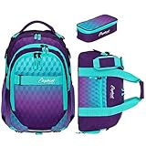 Elephant 3 Teile Set Schulrucksack Hero Signature Rucksack + Sporttasche + Mäppchen 12609 (Violet Cube (Lila-Türkis))