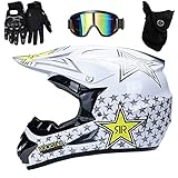 UIGJIOG Motorradhelm,Rockstar Motocross Helm,Helm Kinder,Helmets Kinder-Cross-Helm, Road Helm mit Handschuhe Maske Brille, ATV Helm MTB,Weiß,S(52~53cm)