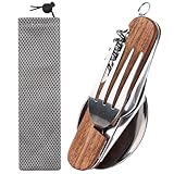 6 in 1 Camping Besteckset,Camping Besteck mit Holzgriff,Outdoor Besteck mit Kordelzugbeutel,All-in-One Edelstahl Besteck,Klappbesteck für Outdoor,für Wandern,Picknick,Campen Festival