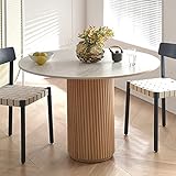 ZDFTGKM Moderner, runder weißer Marmortisch, Esstisch mit Sockel aus natürlichem Kiefernholz, modischer Küchentisch, Couchtisch, Restaurantmöbel (89,9 cm L x 89,9 cm B x 74,9 cm H, weiß), R1712125