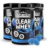 Layenberger CLEAR WHEY Protein Pulver zum Anrühren, 3 Stück klarlösliches Molkeneiweißisolat, 79% Eiweiß, 22,7% BCAA (3x 420 g) - blaue Himbeere