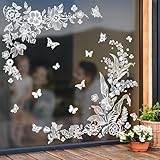 Supzone Fensteraufkleber Weiße Lotusblume Fensterbilder Frühling Sommer Blumenzweig Fenster Abziehbilder Doppelseitige Statische Anti-Kollision Fensterfolie Glas Fenster Türen Fensterdekoration