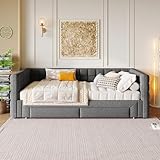 HYSZ Daybett, Tagesbett, 90 x 200cm, Sofabett mit quadratischer Rückenlehne, ausziehbares Bett (ausziehbar auf 180 Queensize), 2 Schubladen, ohne Matratze, Grau