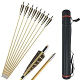 SHARROW 12 Stück Holzpfeile für Bogenschießen 31' Bogenpfeile mit Pfeilköcher Fletching 5 Zoll Naturfedern Pfeile Holz in Handarbeit Holz Pfeilschaft für Langbögen Recurve Bögen (Typ 1)