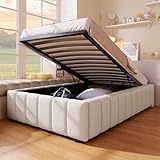 Polsterbett 90x200, Einzelbett mit Stauraum und Lattenrost, Ohne Kopfteil Bettrahmen mit hydraulisches Bettkasten, Hydraulisch Bett Stauraumbetten Bettgestell Jugendbett, Leinen, Ohne Matratze, Beige