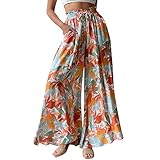 Odizli Hosenrock Damen Lang Boho Blume Chiffon Weite Hose Palazzo Schlaghose High Waist Culotte Baggy Strandhose Leicht Sommerhose Locker Flare Marlenehose Haremshose Freizeithose Stoffhose Bunt XXL