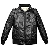 Amur Leopard Lederjacke Jungen Motorradjacke Bikerjacke Dünn/Plüsch Kinder Reißverschlussjacke für Frühling Herbst Winter, Schwarz-Plüsch, 164 (Etikettengröße: 170)