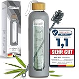 Amalindo Glasflasche 1 Liter mit Schraubverschluss, Silikonhülle & Bürste (Borosilikatglas) - Glas Trinkflasche & Wasserflasche bruchsicher & BPA-frei