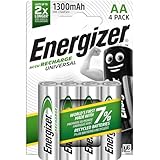 Energizer Recharge Universal - AA Akkus (4 Stück) - 1300 mAh NiMH Batterien - Bis zu 5 Jahre nutzbare Batterielebensdauer - Bis zu 1000 mal wiederaufladbar - 100% plastikfreie Recycelbar Verpackung
