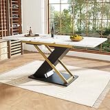 Moimhear Esstisch Ausziehtisch, Küchen-Wohnzimmertisch, mit Hilfe von innenliegender Einlegeplatte auf 160cm ausziehbar (160 x 80 x 75,4 cm (weiß + schwarz + Gold))