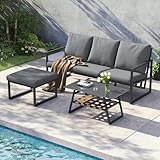 Miyemo Gartenmöbel Set, Balkonmöbel Set für 4 Personen, Lounge Möbel Outdoor, Eckgarnitur, Verzinktes Stahlrohr, Glastischplatte, Geeignet für Gärten, Schwimmbäder und Andere Außenbereiche, Grau