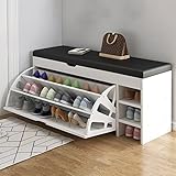 Schuhtruhe Sitzbank Mit Stauraum, Schuhbank Mit Sitzkissen, 80 * 30 * 51 cm, Für Flur Wohnzimmer Schlafzimmer, Farbe: Pastorale Eiche + Warmweiß + Schwarz