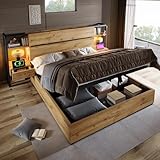 ZIDEY Holzbett 180x200 mit Schubladen und USB, Hydraulisches Doppelbett mit Lattenrost und Stauraum unter dem Bett, Bettrahmen Stauraumbett Bettgestell, Eichenfarbe, Ohne Matratze
