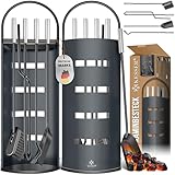 KESSER® Kaminzubehör 5-teiliges Kaminbesteck Set | Modern Design, beschichtet, Hochwertige Kamingarnitur aus 5 Teilen: Besen, Schaufel, Schürhaken, Zange, Ständer mit Sichtschutz Edelstahl Anthrazit