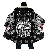Mjölnir 3D Herren Outdoor Windproof Jacke Viking Tattoo Mantel aus Lammwolle und Baumwolle mit halblanger Kapuze und Windjacke Winter lockere Passform lässig Sport Umhang Poncho ( Color : Raven Thor's