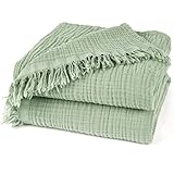 Pure Label Musselin Decke 220x240cm - Oeko-Tex zertifizierte Tagesdecke aus 100% Baumwolle | Musselin Wohn- & Kuscheldecke für Couch und Sofa in XXL | 220 x 240 cm, Farbe der Decke Grün