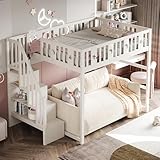 Hochbett Holzbett 140 x 200cm mit Treppe und Offene Ablagefächer, Kinderbett Einzelbett Funktionsbett mit Stern- und Mondschnitzereien für Jungen oder Mädchen, Weiß