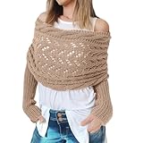 CCAIPU Damen Winterschal mit Ärmeln, Weiche Schals und Wraps mit Ärmeln, Gestrickte Kabel Wrap Hollow Verlängernde Doppel Ärmel Schal Schal (Karamell)
