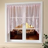 Scheibengardine Kurzvorhang mit Spitzen Design zarte durchscheinende Gardine in Küche, Wohnzummer Landhausstil (Rosa,200 * 100cm B*H)