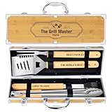 Grillbesteck Grillzubehör, 4 Stücke BBQ Grillbesteck-Set mit Aluminiumkoffer – Vatertags- und Geburtstagsgeschenk für PAPA, Edelstahl- und Bambusgriff zum Grillen im Freien