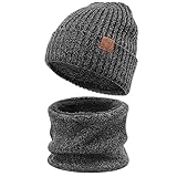 OZERO 2 in 1 Winter Strickmütze Schal Set,warmes kaltes Proof Fleece für Männer und Frauen Grau/Einheitsgröße