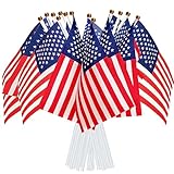AhfuLife Klein USA Flagge für Amerika Deko 2025, 15 Stück Amerikanische Mini Handgehaltene Flaggen mit 30cm weißem Pole für 2025 Unabhängigkeitstag 4. Juli Fans Fußball WM Euro USA Party Bar Deko