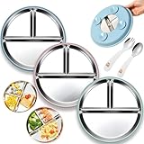 Shupiquant Set mit 3 Edelstahl-Tellern für Kleinkinder, 22,9 cm, Edelstahl, Kinderteller mit Saugnapf, unzerbrechliche Portionskontrolle, rutschfeste geteilte Schale für Kinder, wählerische Esser