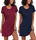 Ekouaer Nachthemd Damen Zweiteiliger Sleepshirt Kurzarm Nachthemden für Damen Schlafhemd Leicht Schlafshirt 2er Pack, Navy+Weinrot, L