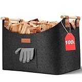 Ezilif Holzkorb für Kaminholz Groß XXL, Kaminholzkorb mit Doppelt Verstärkten Leder, 100L Brennholzkorb aus Filz, Filzkorb Kaminholz mit Fronttasche, Faltbarer Korb für Kaminholz 60x40x40cm