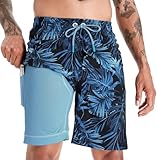APTRO Herren Badehose Lang mit Kompression Liner Schnelltrocknend Badeshorts Schwimmhose 2 in 1 Badehosen mit Reißverschlusstasche Innenhose Surfen Strandhose Palm Blau MK282 XL