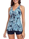 FLYILY Damen Zweiteilig Badeanzug Vorner Schnüren Racerback Bademode Plus Größe Tankini Set mit Boyshort(Blueprint,XL)